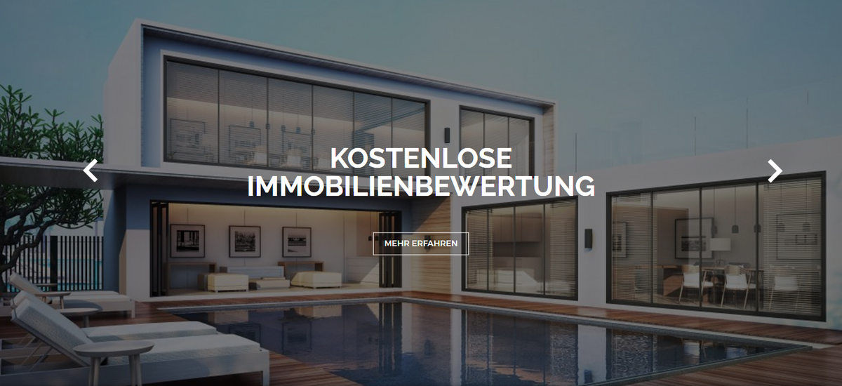 Startseite von Bismarck Immobilien mit Immobilienmotiv und Hinweis auf die kostenlose Immobilienbewertung