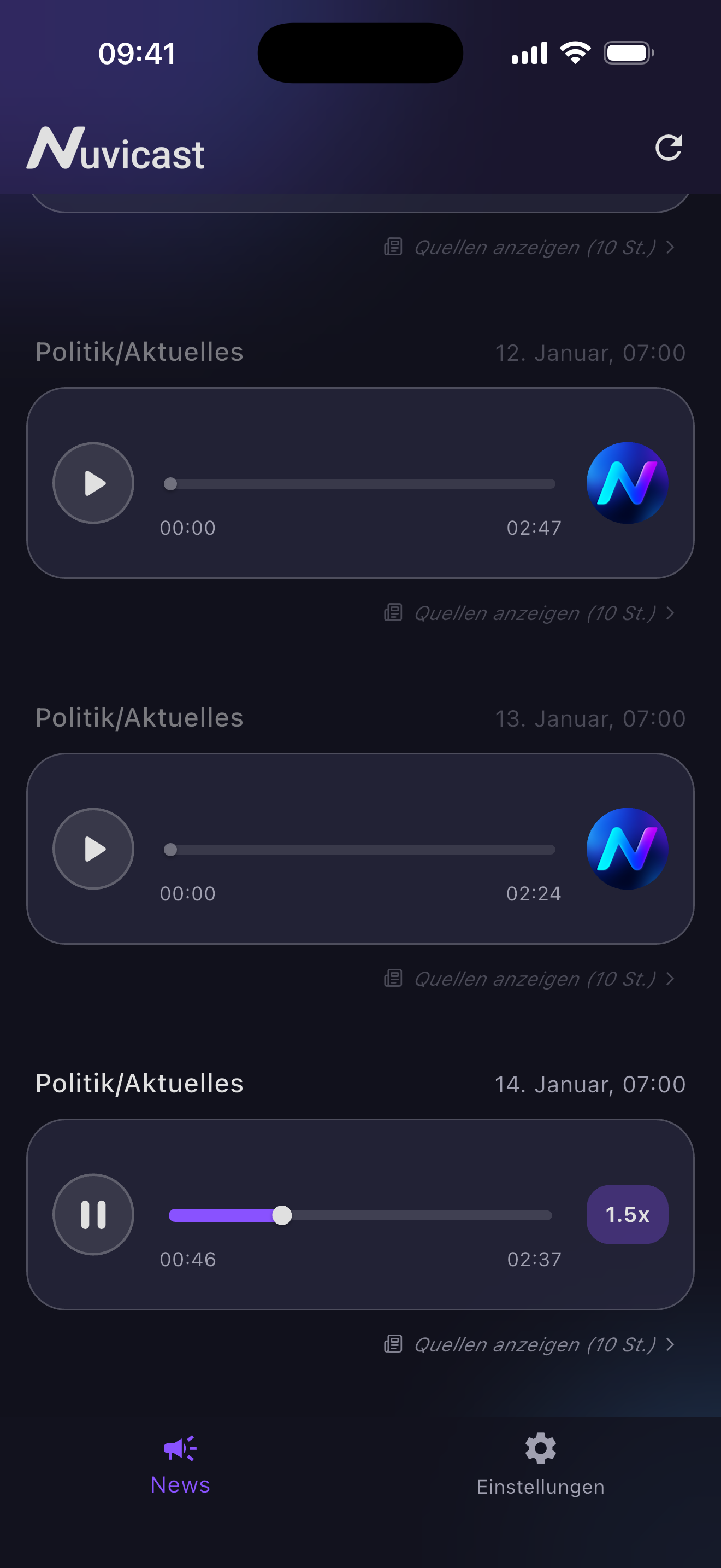 Nuvicast-App mit mehreren kurzen Audio-News und Wiedergabesteuerung
