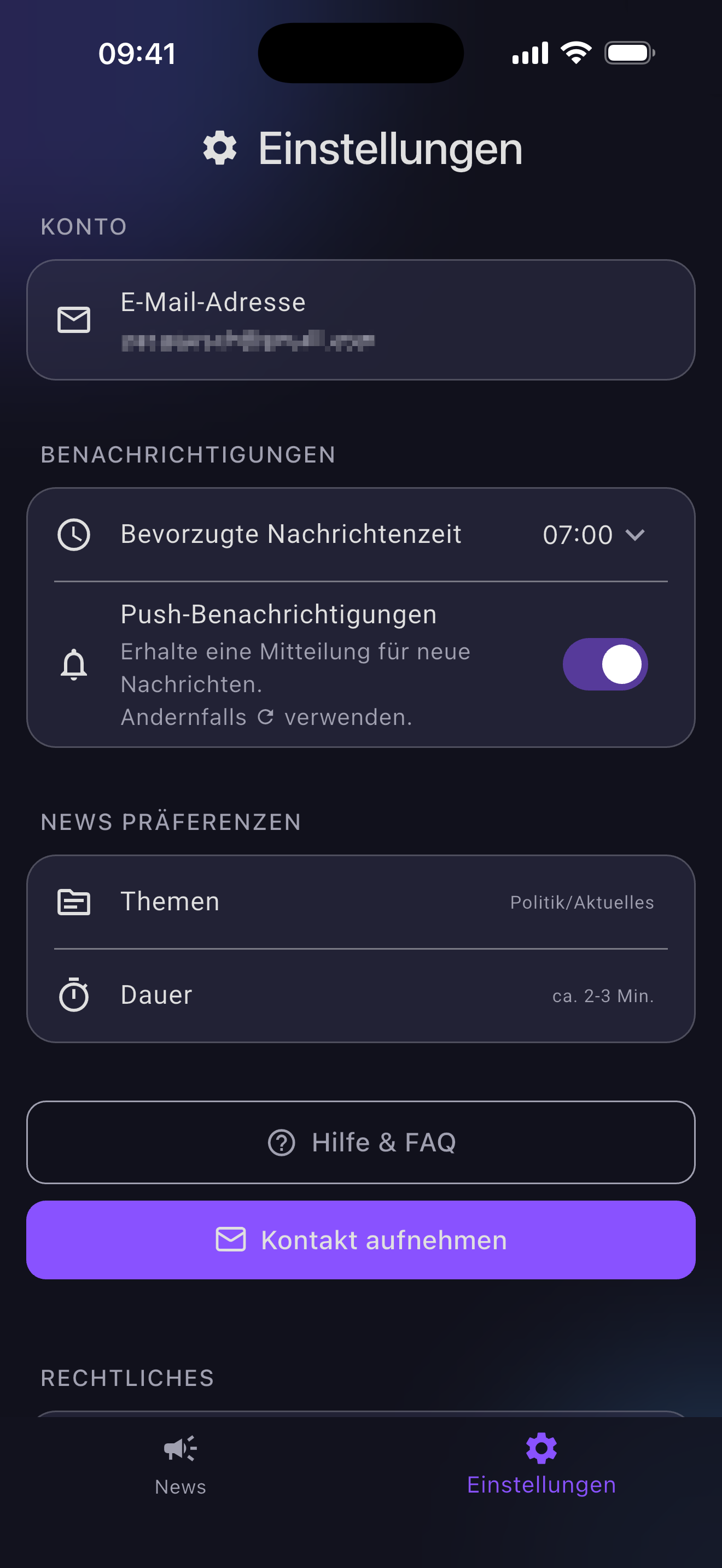 Einstellungen der Nuvicast-App für Nachrichtenzeit, Benachrichtigungen und Themen